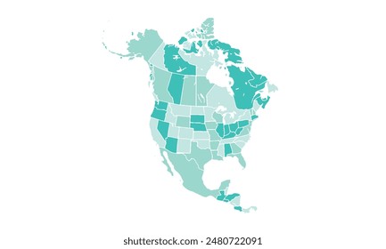 Map of North america isolated modern colorful style. for website layouts, background, education, precise, customizable, Travel worldwide, map silhouette backdrop, earth geography, political, reports. 