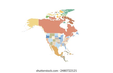 Mapa de América del Norte aislado estilo colorido moderno. para diseños de Sitio web, fondo, educación, preciso, personalizable, viajes por todo el mundo, mapa silueta de fondo, geografía de la tierra, política, informes.