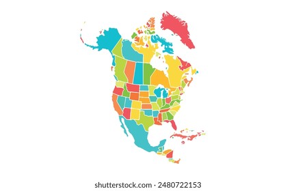 Map of North america isolated modern colorful style. for website layouts, background, education, precise, customizable, Travel worldwide, map silhouette backdrop, earth geography, political, reports. 