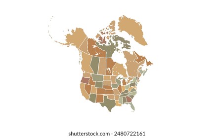 Map of North america isolated modern colorful style. for website layouts, background, education, precise, customizable, Travel worldwide, map silhouette backdrop, earth geography, political, reports. 