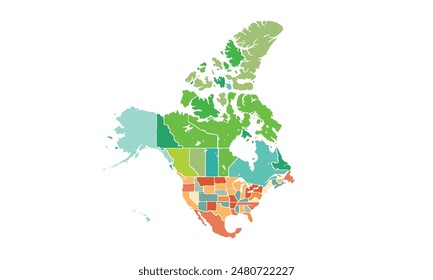 Map of North america isolated modern colorful style. for website layouts, background, education, precise, customizable, Travel worldwide, map silhouette backdrop, earth geography, political, reports. 