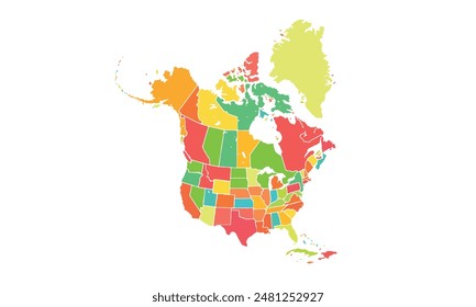 Map of North America isolated modern colorful style. for website layouts, background, education, precise, customizable, Travel worldwide, map silhouette backdrop, earth geography, political.