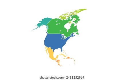 Map of North America isolated modern colorful style. for website layouts, background, education, precise, customizable, Travel worldwide, map silhouette backdrop, earth geography, political.