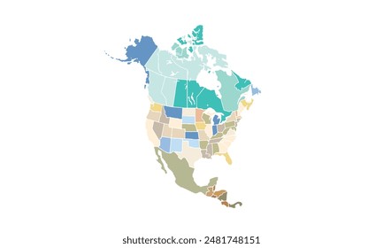 Map of North America isolated modern colorful style. for website layouts, background, education, precise, customizable, Travel worldwide, map silhouette backdrop, earth geography, political.