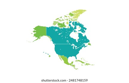 Map of North America isolated modern colorful style. for website layouts, background, education, precise, customizable, Travel worldwide, map silhouette backdrop, earth geography, political.