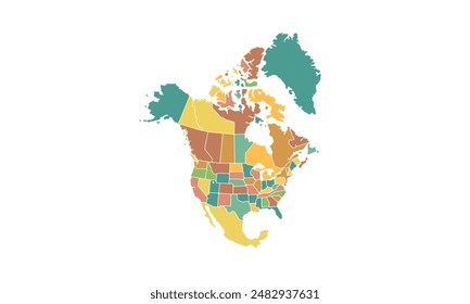 Map of North America isolated modern colorful style. for website layouts, background, education, precise, customizable, Travel worldwide, map silhouette backdrop, earth geography, political.