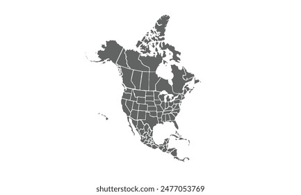 Map of North America isolated on white background. for website layouts, background, education, precise, customizable, Travel worldwide, map silhouette backdrop, earth geography, political, reports.