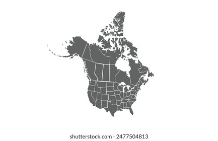 Map of North America isolated on white background. for website layouts, background, education, precise, customizable, Travel worldwide, map silhouette backdrop, earth geography, political, reports.