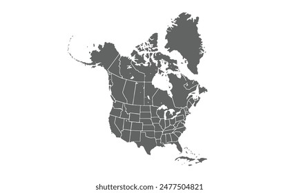 Map of North America isolated on white background. for website layouts, background, education, precise, customizable, Travel worldwide, map silhouette backdrop, earth geography, political, reports.