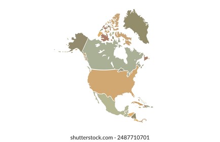 Map of North America isolated .vintage color style. for website layouts, background, education, precise, customizable, Travel worldwide, map silhouette backdrop, earth geography, political, reports.