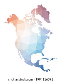 Map of North America. Low poly illustration of the continent. Geometric design with stripes. Technology, internet, network concept. Vector illustration.