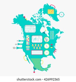 Map of North America machine. Cute engine with buttons, panels and levers. Isolated. White background.