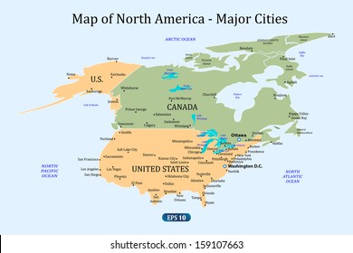 Map of North America - Major Cities. Vector illustration