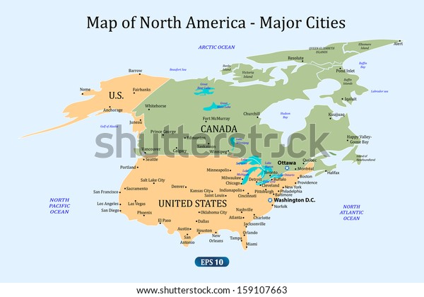 Map North America Major Cities Vector Stock Vector Royalty Free