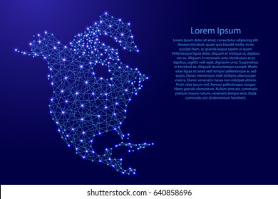 Map of North America from polygonal blue lines and glowing stars vector illustration