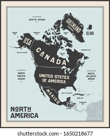 Map North America. Poster map of North America. Black and white print map of north America for t-shirt, poster or geographic themes. Hand-drawn graphic map with countries. Vector Illustration