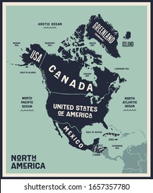 Map North America. Poster map of North America. Black and white print map of north America for t-shirt, poster or geographic themes. Hand-drawn graphic map with countries. Vector Illustration