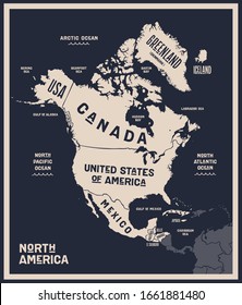 Mapa de América del Norte. Mapa de afiches de Norteamérica. Mapa impreso en blanco y negro de América del Norte para pantalones, afiches o temas geográficos. Mapa gráfico hecho a mano con los países. Ilustración vectorial