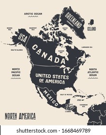 Map North America. Poster map of North America. Black and white print map of north America for t-shirt, poster or geographic themes. Hand-drawn graphic map with countries. Vector Illustration