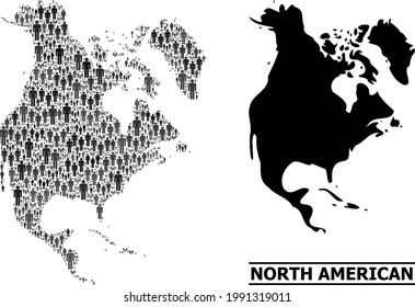 Map of North America for social proclamations. Vector nation abstraction. Abstraction map of North America made of people items. Demographic concept in dark gray color shades.