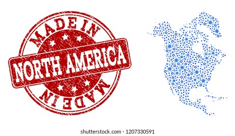 Map of North America vector mosaic and Made In grunge stamp. Map of North America created with blue cog connections. Made in red seal with corroded rubber texture.