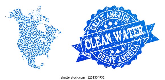 Map of North America vector mosaic and clean water grunge stamp. Map of North America designed with blue water dews. Seal with corroded rubber texture for clean drinking water.