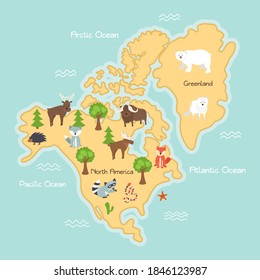 Map of North America wild animals and plants set. Wildlife map with animals and plants from North America continents. Abstract sign and icon in kawaii style. Vector illustration