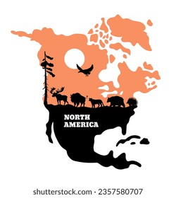 Map of North America, wild animals silhouette, flat vector illustration isolated on white background. Sunset landscape. Moose, puma, buffalo, grizzly and porcupine walking.