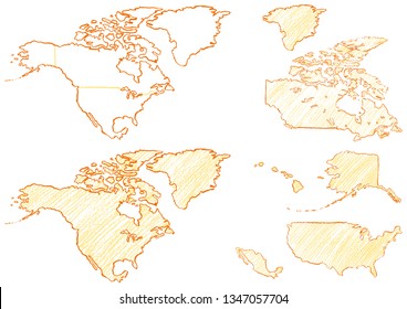 Map of North America written with crayons