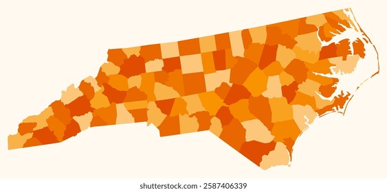 Map of North Carolina with counties. Just a simple state border map with county division. Orange color palette. Plain State of North Carolina shape with administrative division. Vector illustration.