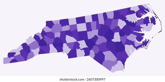 Map of North Carolina with counties. Just a simple state border map with county division. Deep purple color palette. Plain State of North Carolina shape with administrative division.