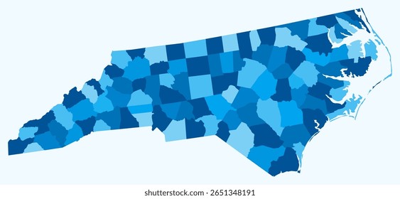 Map of North Carolina with counties. Just a simple state border map with county division. Light blue color palette. Plain State of North Carolina shape with administrative division.