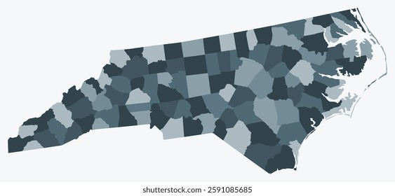 Map of North Carolina with counties. A simple state border map with county divisions in a blue-grey color palette.