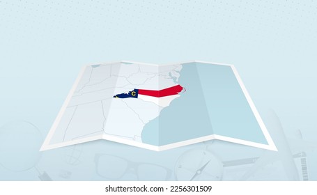 Map of North Carolina with the flag of North Carolina in the contour of the map on a trip abstract backdrop. Travel illustration.