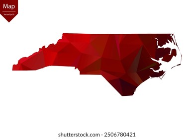 Map of North Carolina - Red Geometric Rumpled Triangular , Polygonal Design. Vector illustration eps 10.