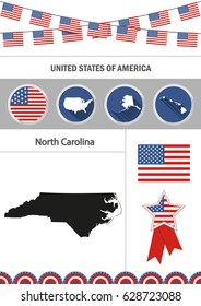 Map of North Carolina. Set of flat design icons nfographics elements with American symbols.