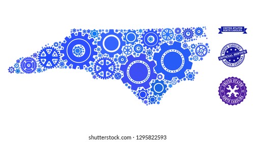 Map of North Carolina State created with blue gear items, and isolated rubber seals for official repair services.