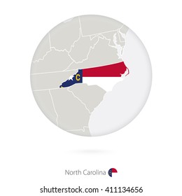 Map of North Carolina State and flag in a circle. North Carolina US State map contour with flag. Vector Illustration.