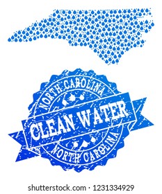 Map of North Carolina State vector mosaic and clean water grunge stamp. Map of North Carolina State composed with blue water drops. Seal with scratched rubber texture for clean drinking water.