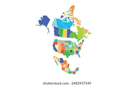 Mapa de América del Norte y Central aislado estilo colorido moderno. para diseños de Sitio web, fondo, educación, preciso, personalizable, viajes por todo el mundo, fondo de silueta de mapa, geografía de la tierra.