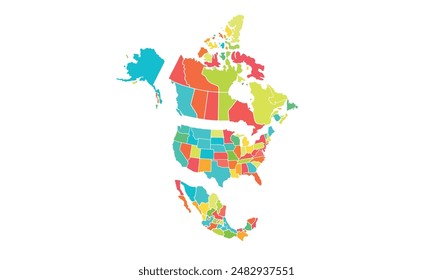 Map of north and central America isolated modern colorful style. for website layouts, background, education, precise, customizable, Travel worldwide, map silhouette backdrop, earth geography.