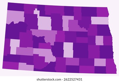 Mapa de Dakota do Norte com condados. Apenas um simples mapa da fronteira do estado com a divisão do condado. Paleta de cores roxas. Estado plano de Dakota do Norte forma com divisão administrativa. Ilustração vetorial.