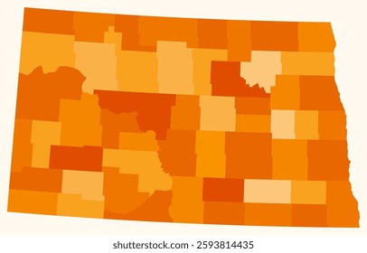 Map of North Dakota with counties. A simple state border map with county divisions. Orange color palette. Plain State of North Dakota shape with administrative division. Vector illustration.