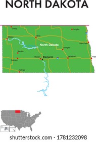 A map of North Dakota. The map depicts the state capitals, major cities and highways.