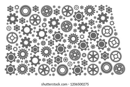 Map of North Dakota State created with gray engine symbols. Vector abstract mosaic of map of North Dakota State with industry symbols. Engineering flat design for industry purposes.