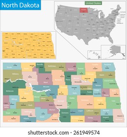 Map of North Dakota state designed in illustration with the counties and the county seats