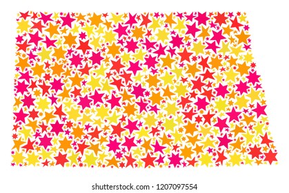 Map of North Dakota State formed with colored flat stars. Vector colored geographic abstraction of map of North Dakota State with red, yellow, orange stars.