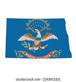 Map of the North Dakota state with its official flag isolated on white background. Vector illustration