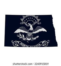 Mapa del estado de Dakota del Norte con la bandera oficial en color blanco y negro aislado en fondo blanco. Ilustración del vector