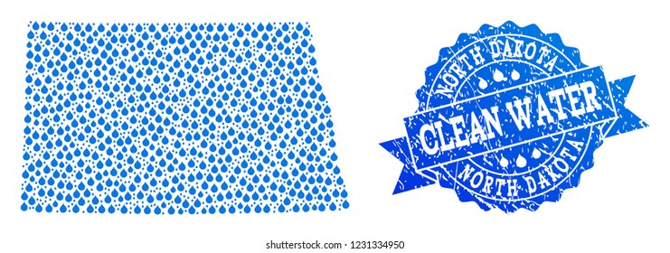 Map of North Dakota State vector mosaic and clean water grunge stamp. Map of North Dakota State formed with blue water tears. Seal with grunge rubber texture for clean drinking water.